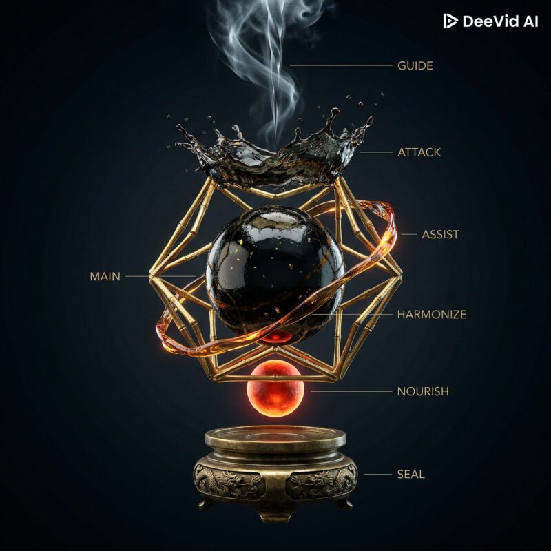 台南七味漢藥相生相剋感官修復引擎解構圖，赤馬年水火既濟精密運算視覺化