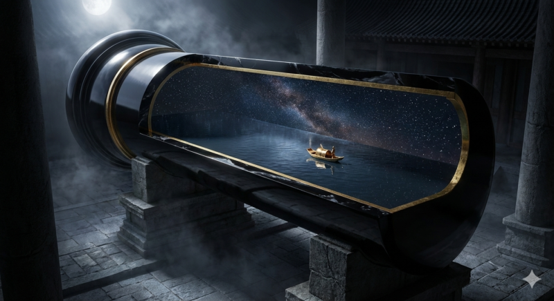 北極殿漆黑樑柱視覺插畫，三百年香火燻出的台南黑水火既濟感官修復主藥