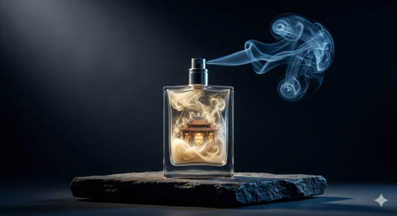 吳萬春香舖香火燻繞視覺插畫，台南民權路百年香舖天然沉香檀香的嗅覺開竅引子