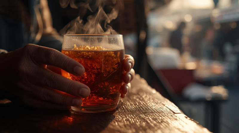 阿粉姨東菜市飲品攤菊花茶情境圖，台南市場人情味的真實體現