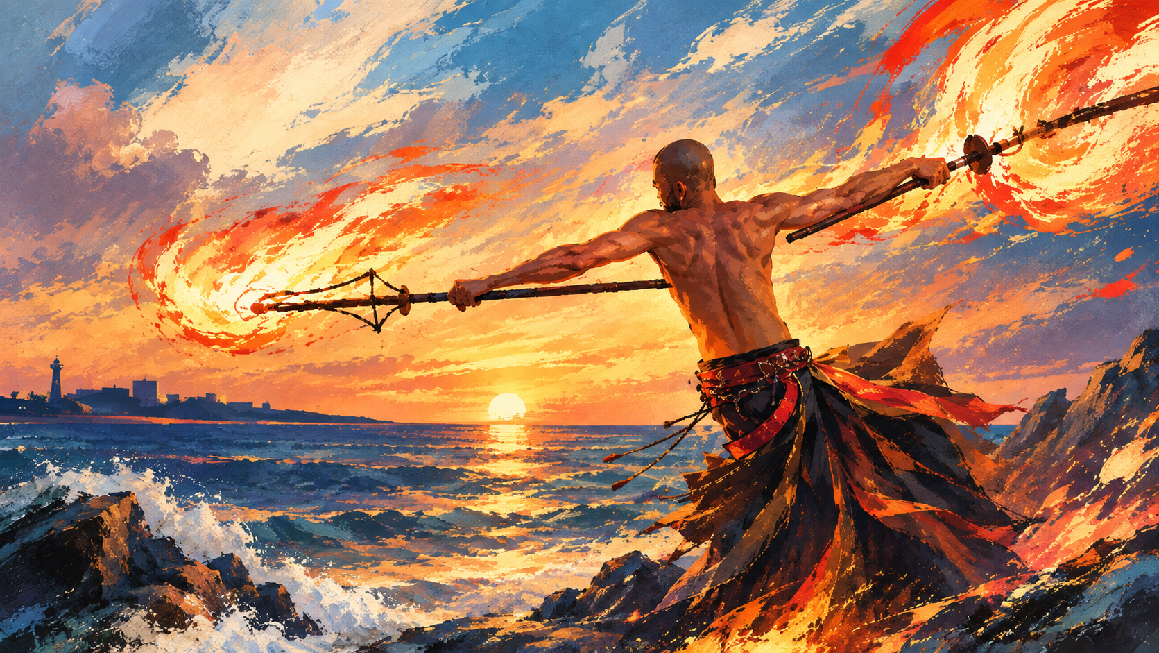 火舞者在海邊夕陽下揮舞雙頭火棍的意象插畫
